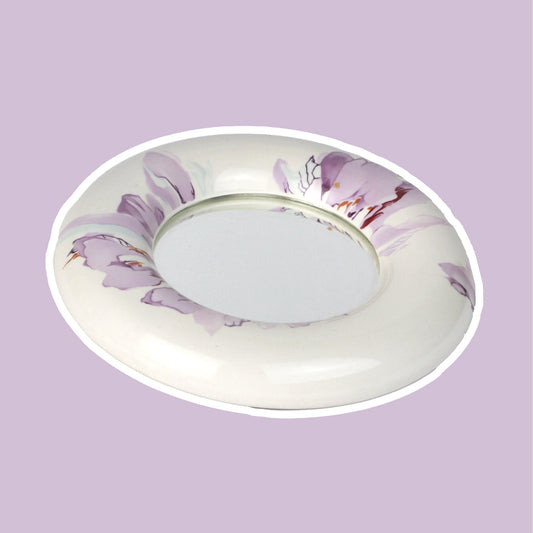 Vintage Porcelain Mirror Purple Lilac Violet Aubergine Blossoms Flowers White 80s 70s Floral Wall Mirror Decoration Round