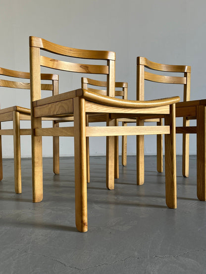 Set of 4 Mid-Century Modern Constructivist Wooden Dining Chairs in Beech and Cane, 1960s Vintage