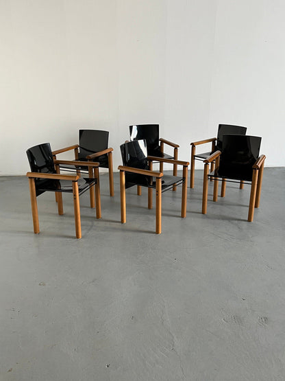 1 des 6 élégants fauteuils modernistes en bois au fini brillant foncé, attribués à Artelano, Italie Vintage des années 1970