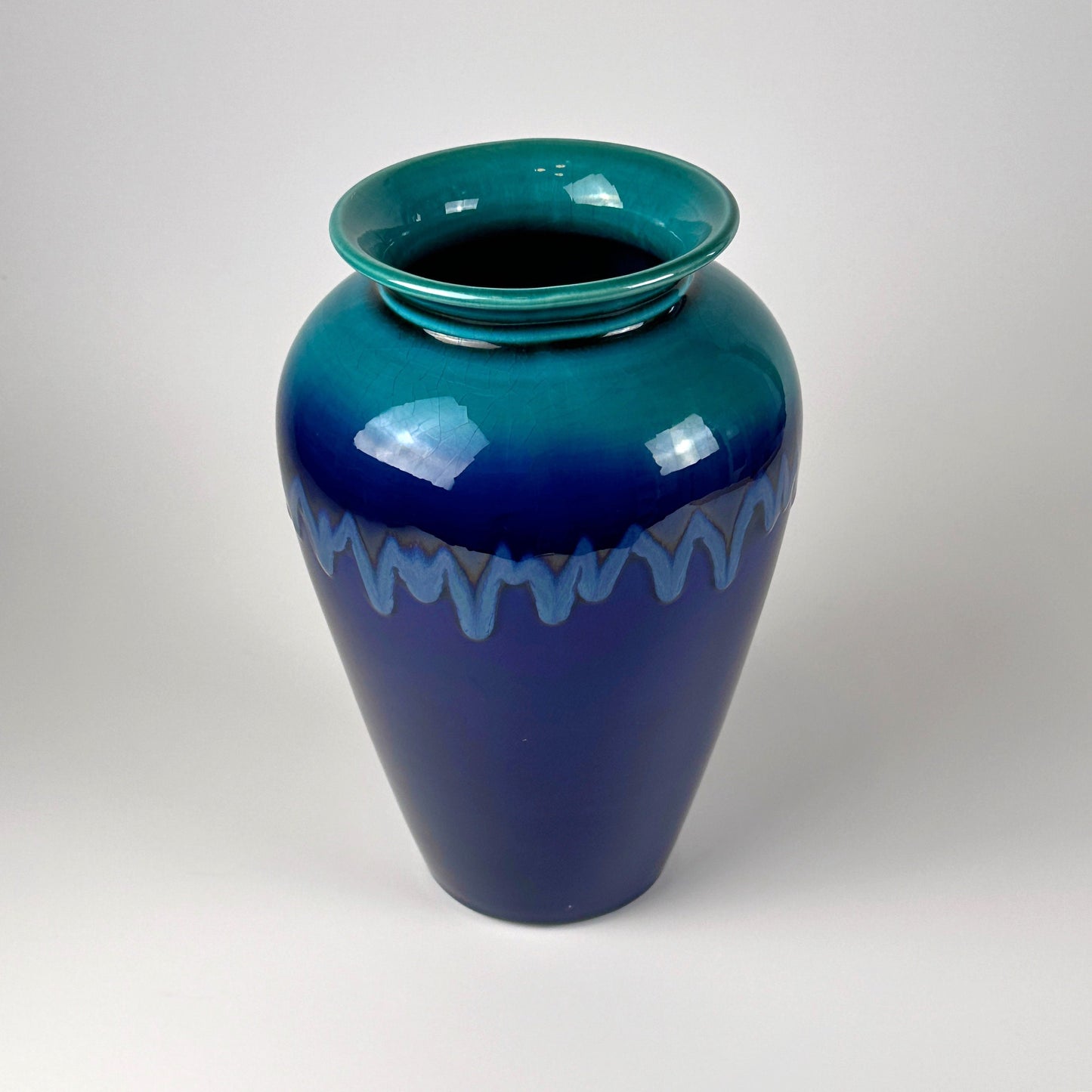 Portuguese Ceramic Vase Craquele Blue Turquoise Green Fat Lava Glaze 1980 80s