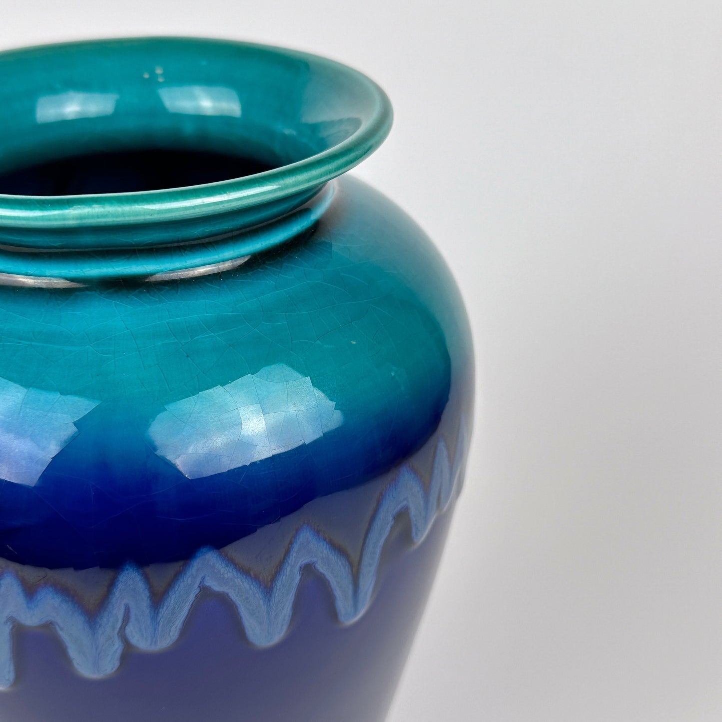 Portuguese Ceramic Vase Craquele Blue Turquoise Green Fat Lava Glaze 1980 80s