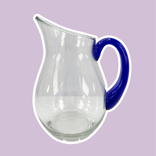 Grande carafe en verre des années 80, manche bleu cobalt, années 1980