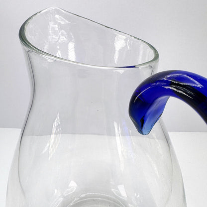 Large 80s glass carafe cobalt blue handle 1980s