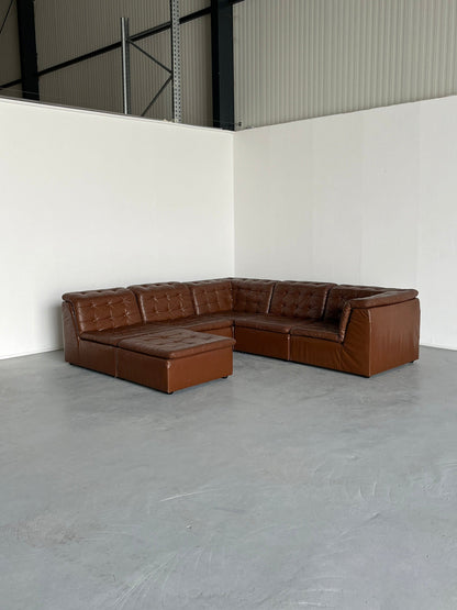 Patchwork Cognac Leather Six Piece Modular Sofa by Laauser, 1970s Germany Section Seating Set Vintage