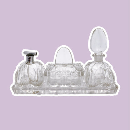 Vintage Art Deco Frisier Set Bad 1930 Deckeldose Kammschale Parfum Flakon Flasche Glas Geschliffen Kristall