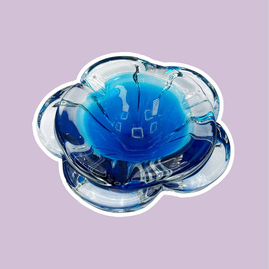 Vintage Bohemian Ashtray Bowl CZ Glass Blue Flower 60s 70s Seguso Cobalt Ultramarine Blue 70s 1970