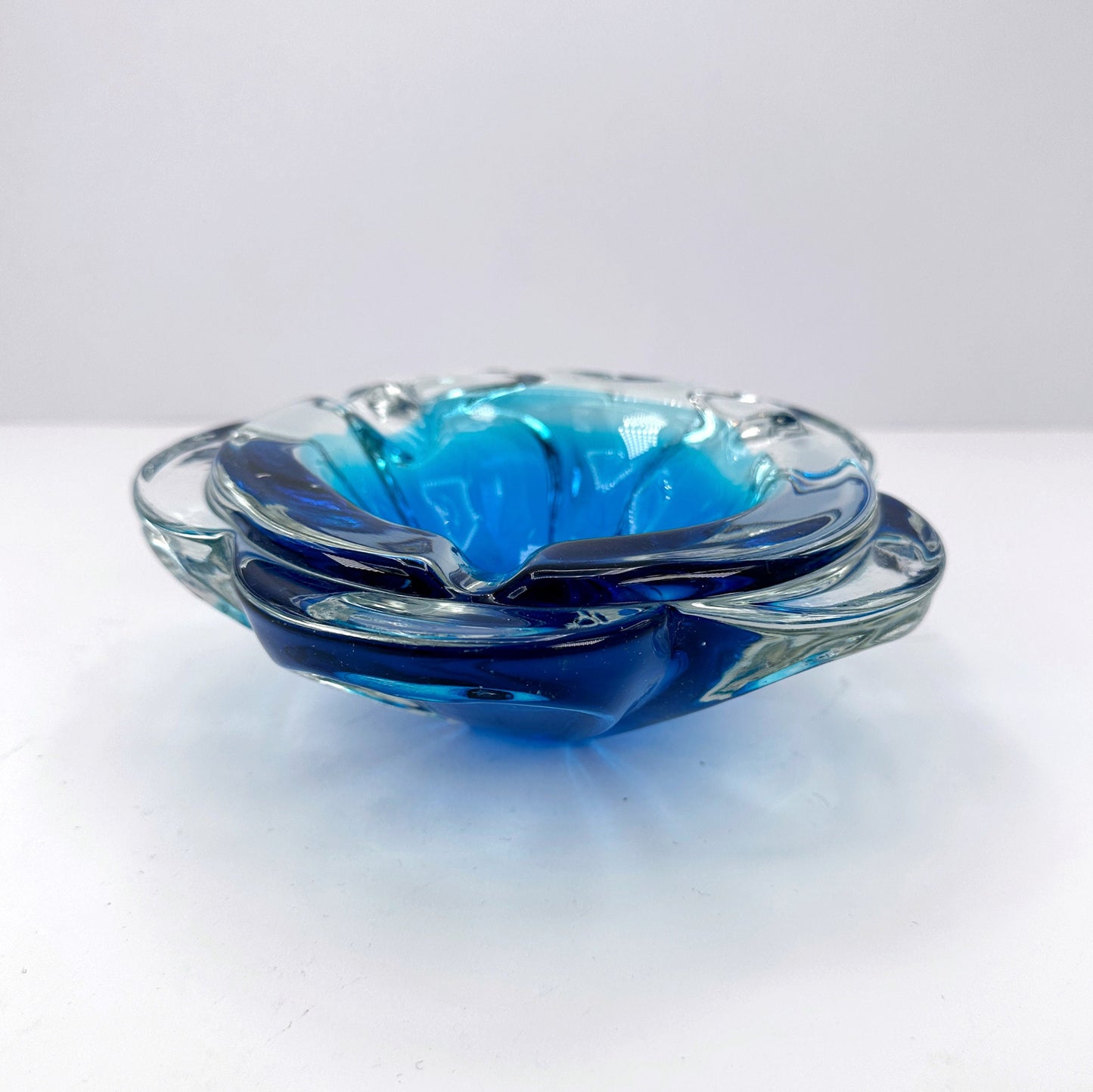 Vintage Bohemian Ashtray Bowl CZ Glass Blue Flower 60s 70s Seguso Cobalt Ultramarine Blue 70s 1970