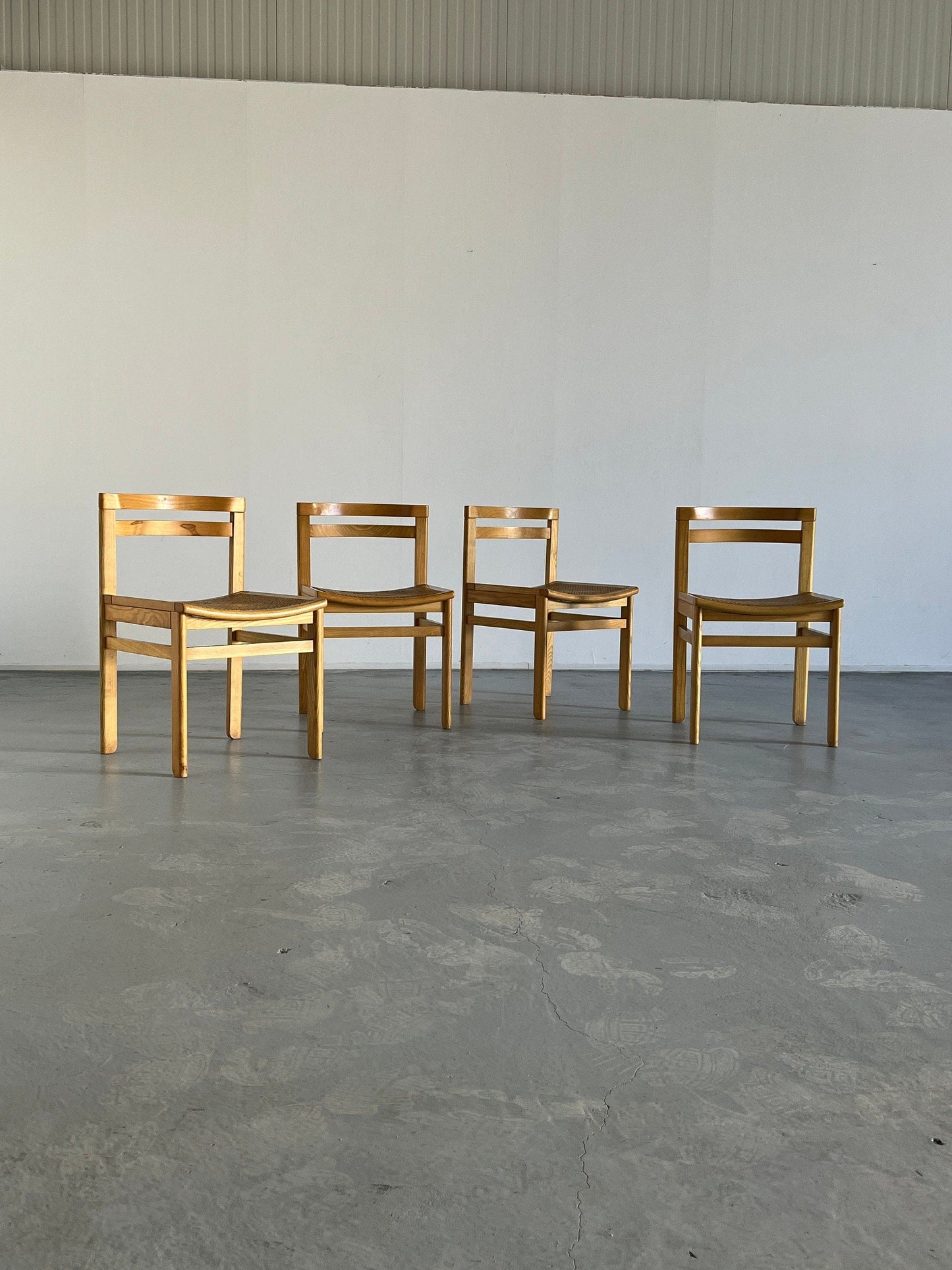 Set of 4 Mid-Century Modern Constructivist Wooden Dining Chairs in Beech and Cane, 1960s Vintage