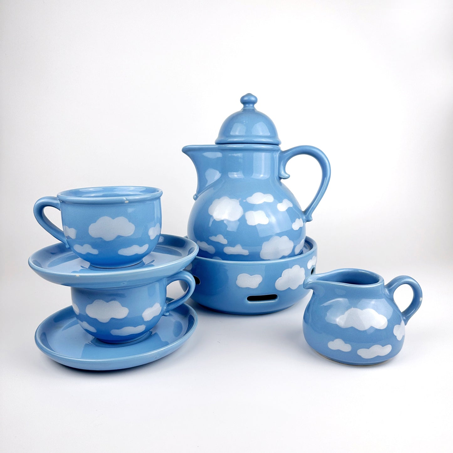 Set Kaffee Tee Kanne Tassen Service Wolken Motiv 80er Keramik Himmel 1980 80s Himmelblau Kawaii Veilchen Flieder Stöfchen