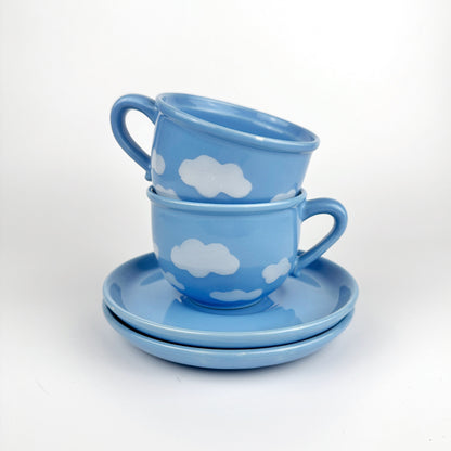 Ensemble de tasses à café théière service nuages ​​motif années 80 céramique ciel 1980 80s bleu ciel kawaii violet lilas chauffe-plat