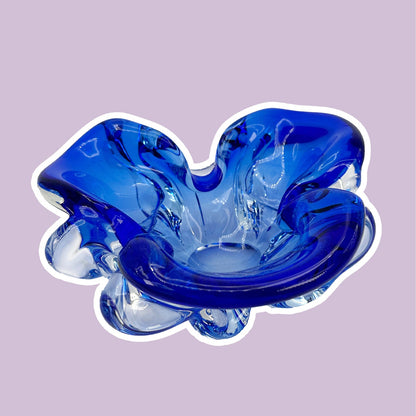 Vintage Bohemian Ashtray Bowl CZ Glass Blue Flower 60s 70s Seguso Cobalt Ultramarine Blue 70s 1970