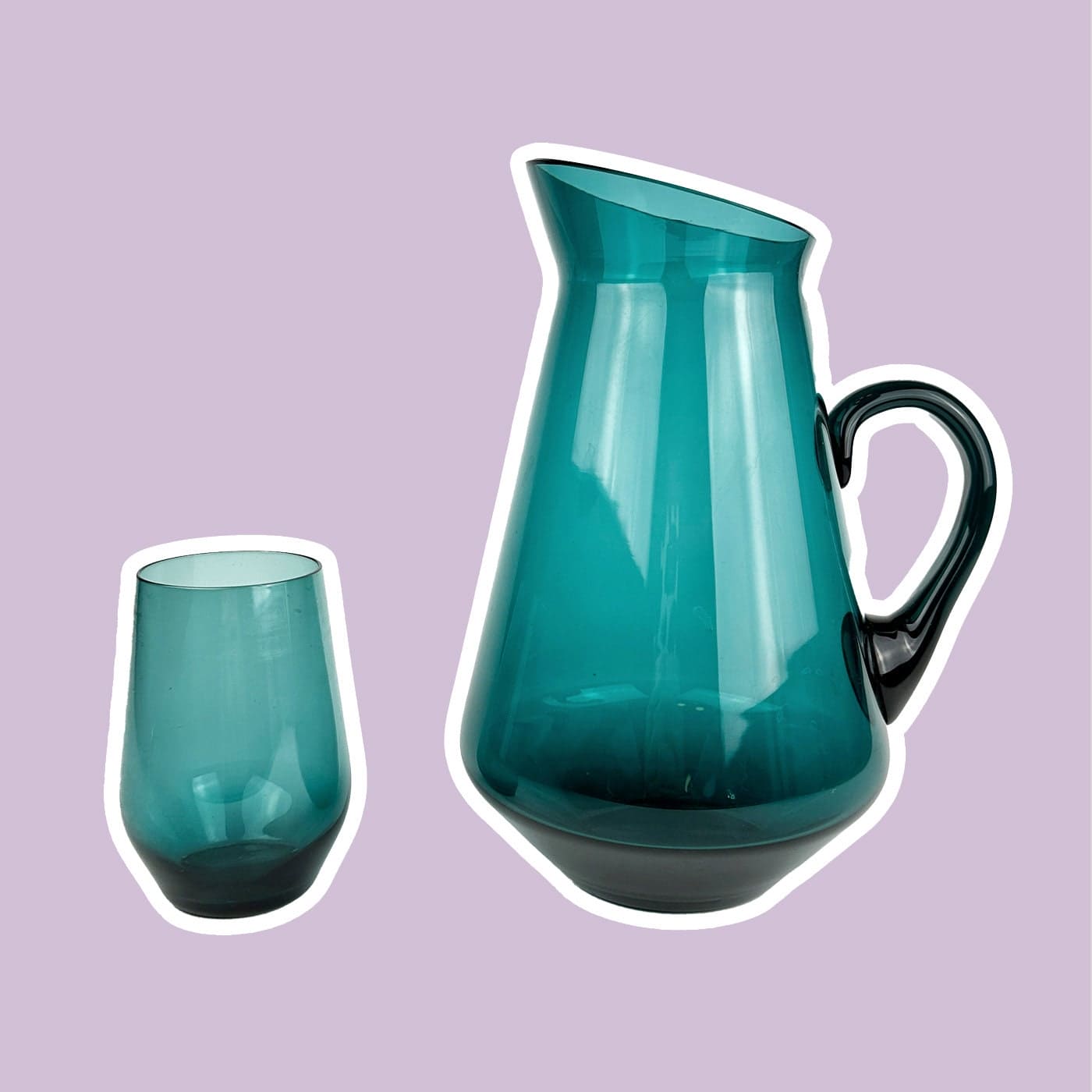 50s 60s Kaj Franck Glass Carafe + 7 Drinking Glasses Nuutajärvi Finland Beryl Petrol Turquoise Mid Century Jug Pitcher Vintage