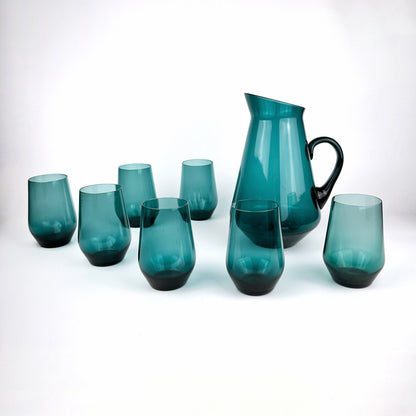 50s 60s Kaj Franck Glass Carafe + 7 Drinking Glasses Nuutajärvi Finland Beryl Petrol Turquoise Mid Century Jug Pitcher Vintage