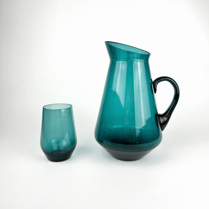 50s 60s Kaj Franck Glass Carafe + 7 Drinking Glasses Nuutajärvi Finland Beryl Petrol Turquoise Mid Century Jug Pitcher Vintage