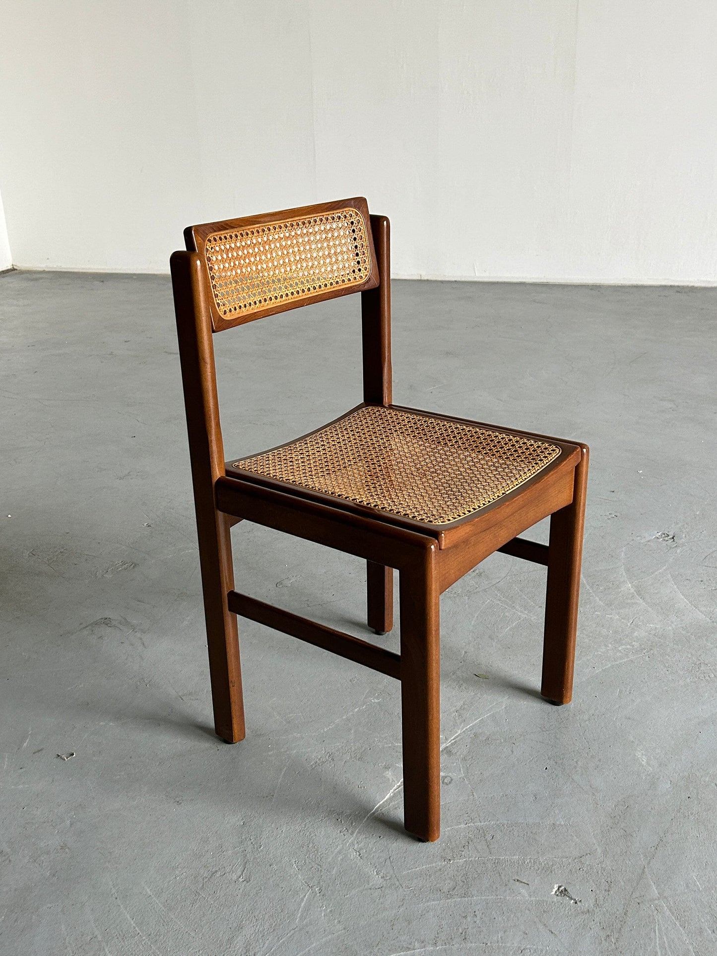 Mid-Century Modern Stained Beechwood and Wicker Cane Dining Chair, 1960s Italy Vintage