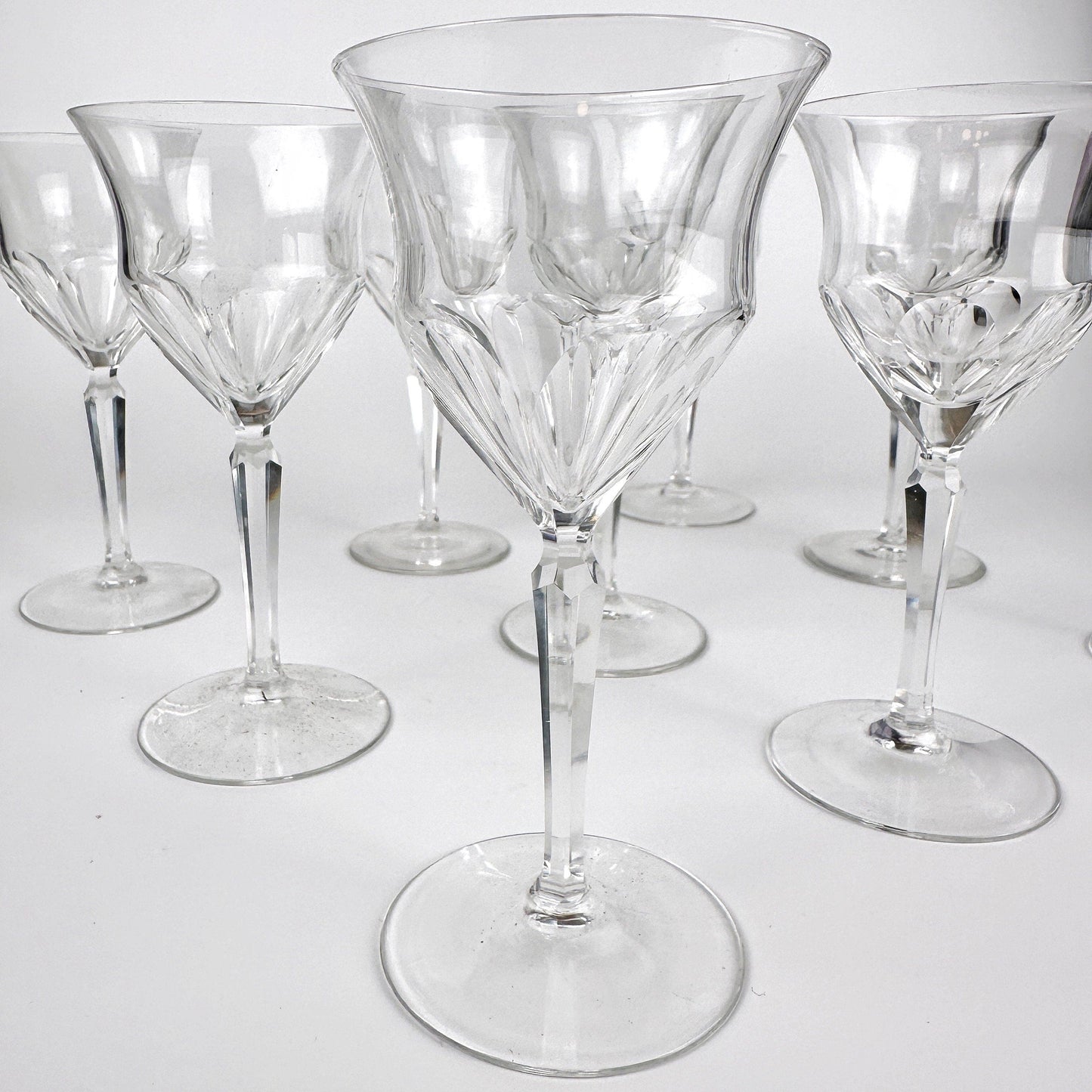 9x Vintage Crystal Glass Sparkling Wine / Champagne / Wine Glasses Mid Century Glass Cut 60s 50s Cut Lead Crystal