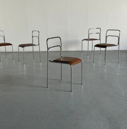 Bauhaus design chrome tubular steel and brown faux leather dining chairs, 1980s Italian modernist stackable dining chairs vintage