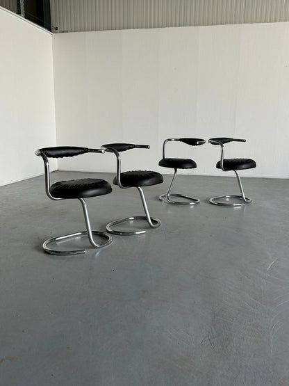 Set of 4 Vintage 'Cobra' Chairs by Giotto Stoppino in Black Faux Leather, 1970s Italy