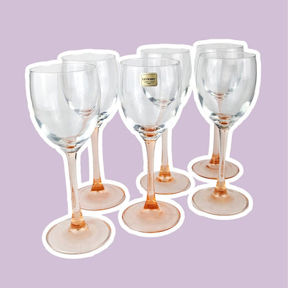 6 Luminarc France wine glasses pink stem Rosalin 80s red white France