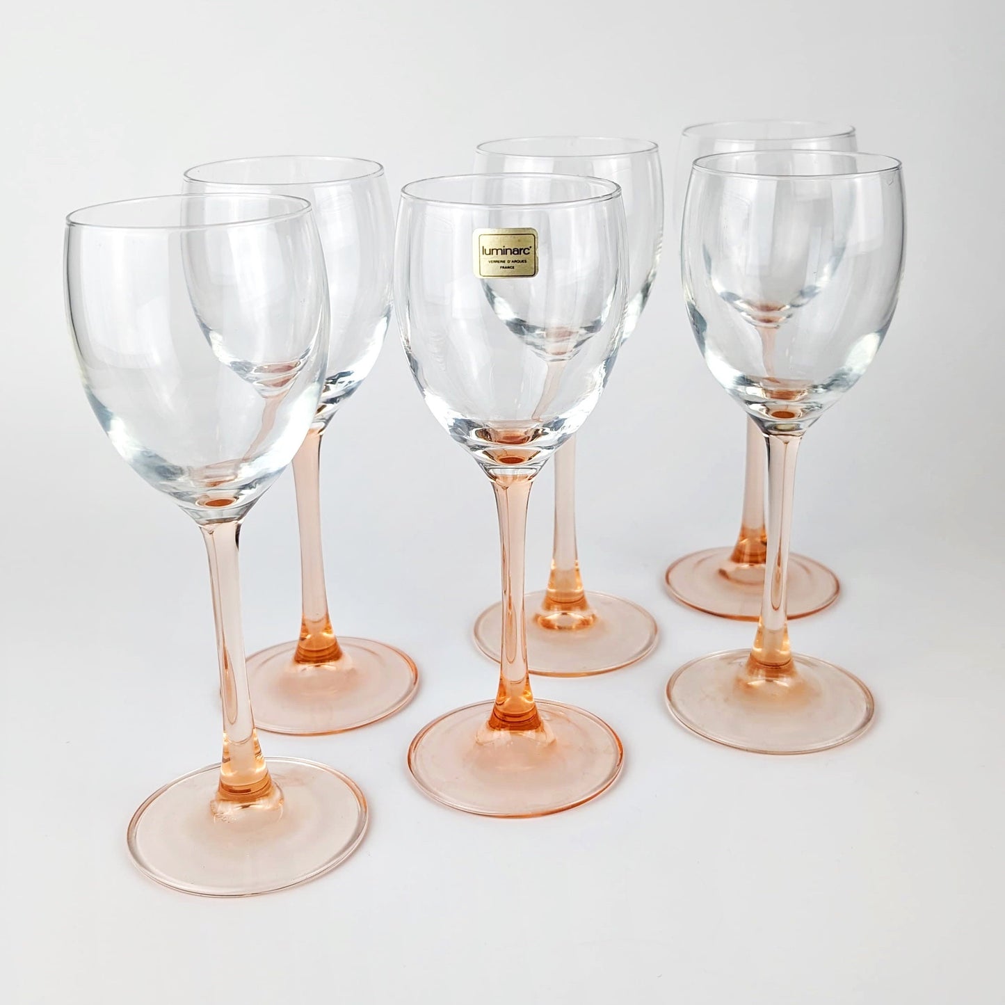 6 Luminarc France wine glasses pink stem Rosalin 80s red white France