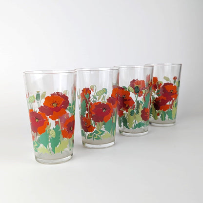 4 Vintage Drinking Glasses Flowers Floral Poppy Flowers France Red Juice Glass Water Glass Glass 80s 1980 Leaf