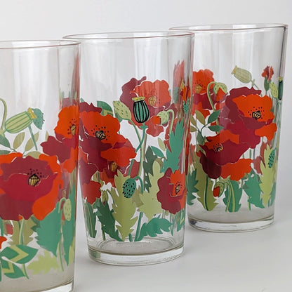 4 Vintage Drinking Glasses Flowers Floral Poppy Flowers France Red Juice Glass Water Glass Glass 80s 1980 Leaf