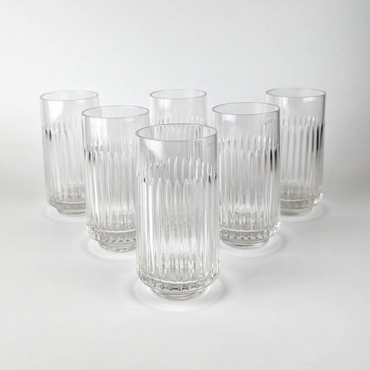 6x Mid Century Drinking Crystal Glasses 60s Grooves Op Art Brutalist Water Glass Long Drink Modernist