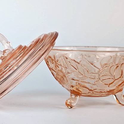 Art Deco Rosalin Glass Bonboniere Lidded Jar Pink Pressed Glass Floral Flowers 30s