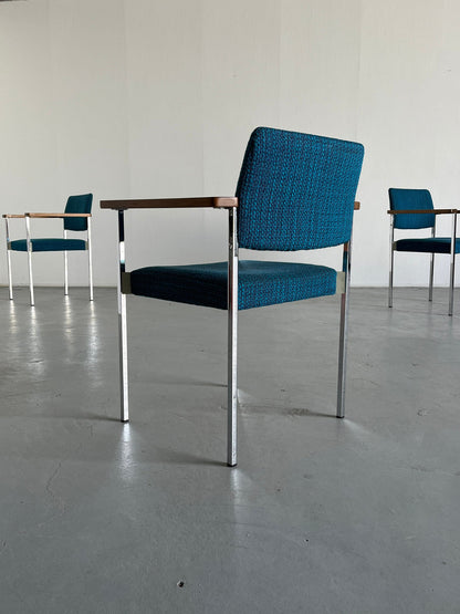 Mid-Century Modern stackable chrome upholstered side arm chairs or dining chairs, 1960s vintage