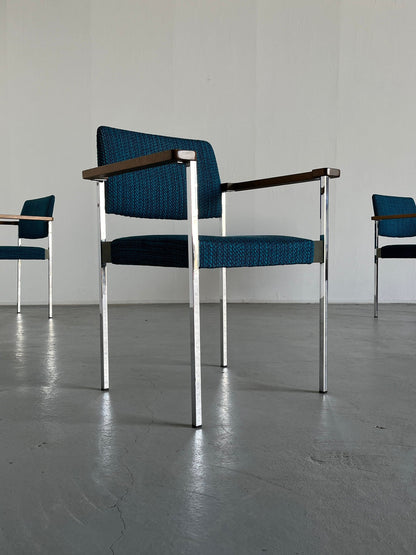 Mid-Century Modern stackable chrome upholstered side arm chairs or dining chairs, 1960s vintage