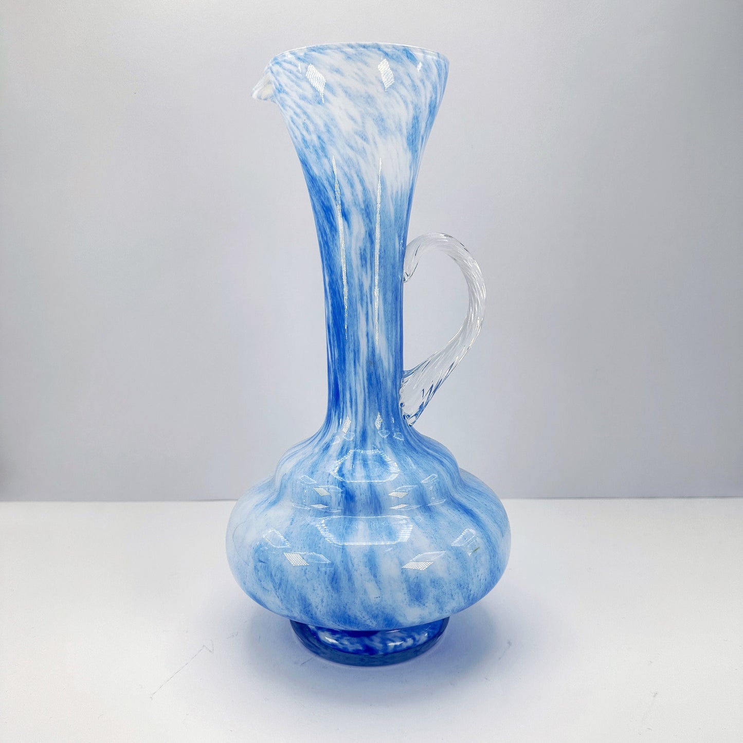 Italienische Henkel Blumen Vase 1970er Murano 70er Blau Weiß Glas Marmoriert