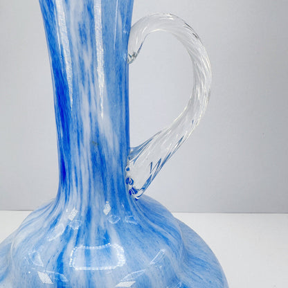 Vase à fleurs à poignée italienne années 1970 Murano années 70 Verre blanc bleu marbré