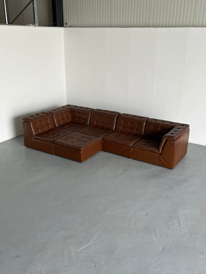 Canapé modulaire six pièces en cuir cognac patchwork par Laauser, ensemble de sièges sectionnels Allemagne des années 1970 vintage