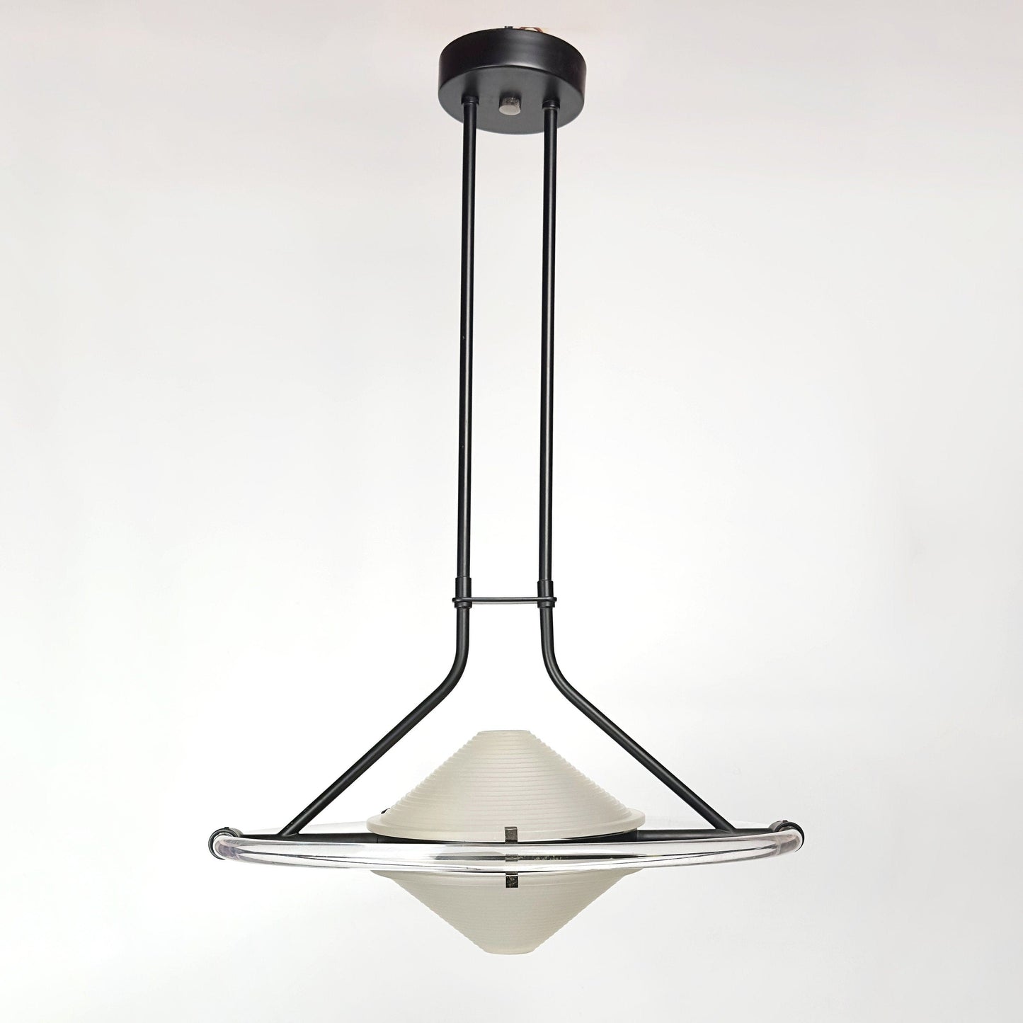 80s Art Deco Revival Ceiling Lamp IDEARTE Spain Black Frosted Glass Geometric Postmodern Glass Light Plexiglass