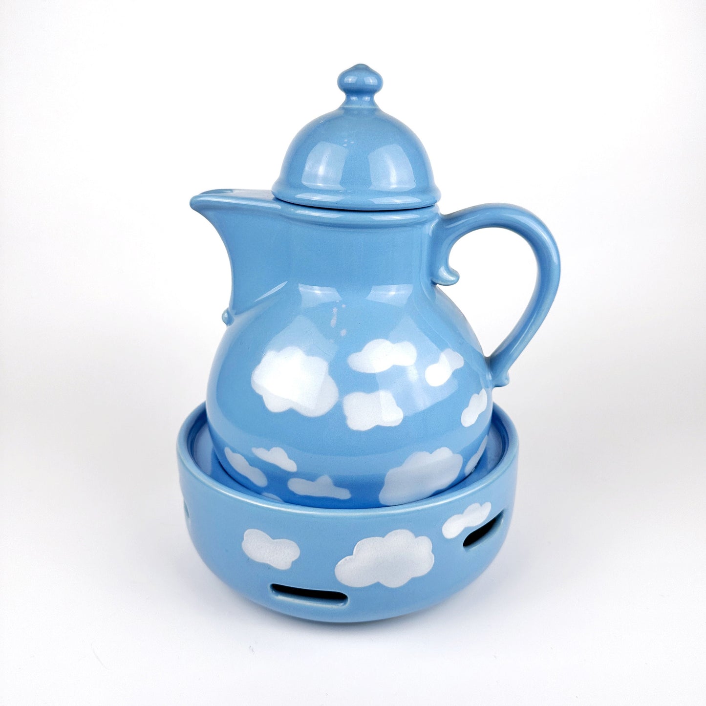 Set Kaffee Tee Kanne Tassen Service Wolken Motiv 80er Keramik Himmel 1980 80s Himmelblau Kawaii Veilchen Flieder Stöfchen