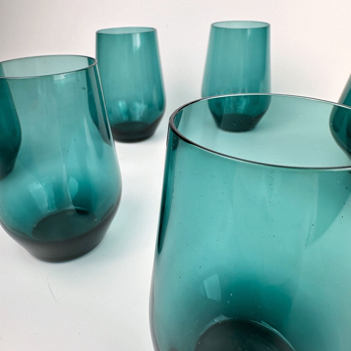 50s 60s Kaj Franck Glass Carafe + 7 Drinking Glasses Nuutajärvi Finland Beryl Petrol Turquoise Mid Century Jug Pitcher Vintage