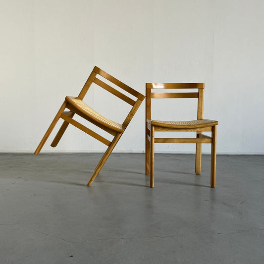 Set of 2 Mid-Century Modern Constructivist Wooden Dining Chairs in Beech and Cane, 1960s Vintage