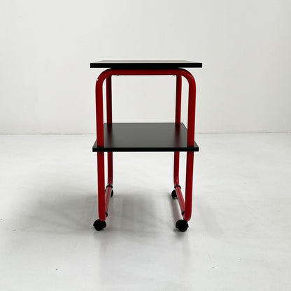 Tubular console table / wall table on wheels in metal and wood, 1980s vintage