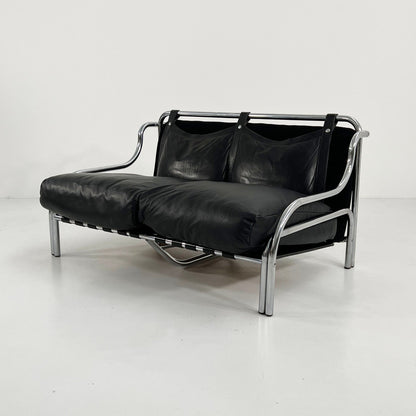 Stringa 2-Sitzer Ledersofa von Gae Aulenti für Poltronova, 1960er Vintage