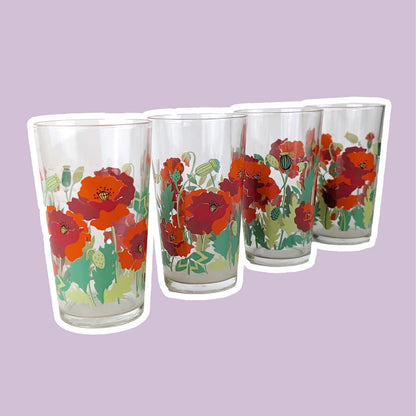 4 Vintage Drinking Glasses Flowers Floral Poppy Flowers France Red Juice Glass Water Glass Glass 80s 1980 Leaf