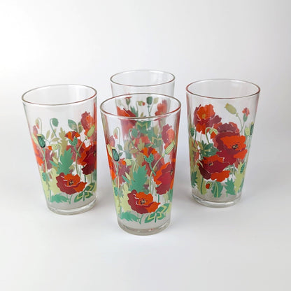 4 Vintage Drinking Glasses Flowers Floral Poppy Flowers France Red Juice Glass Water Glass Glass 80s 1980 Leaf