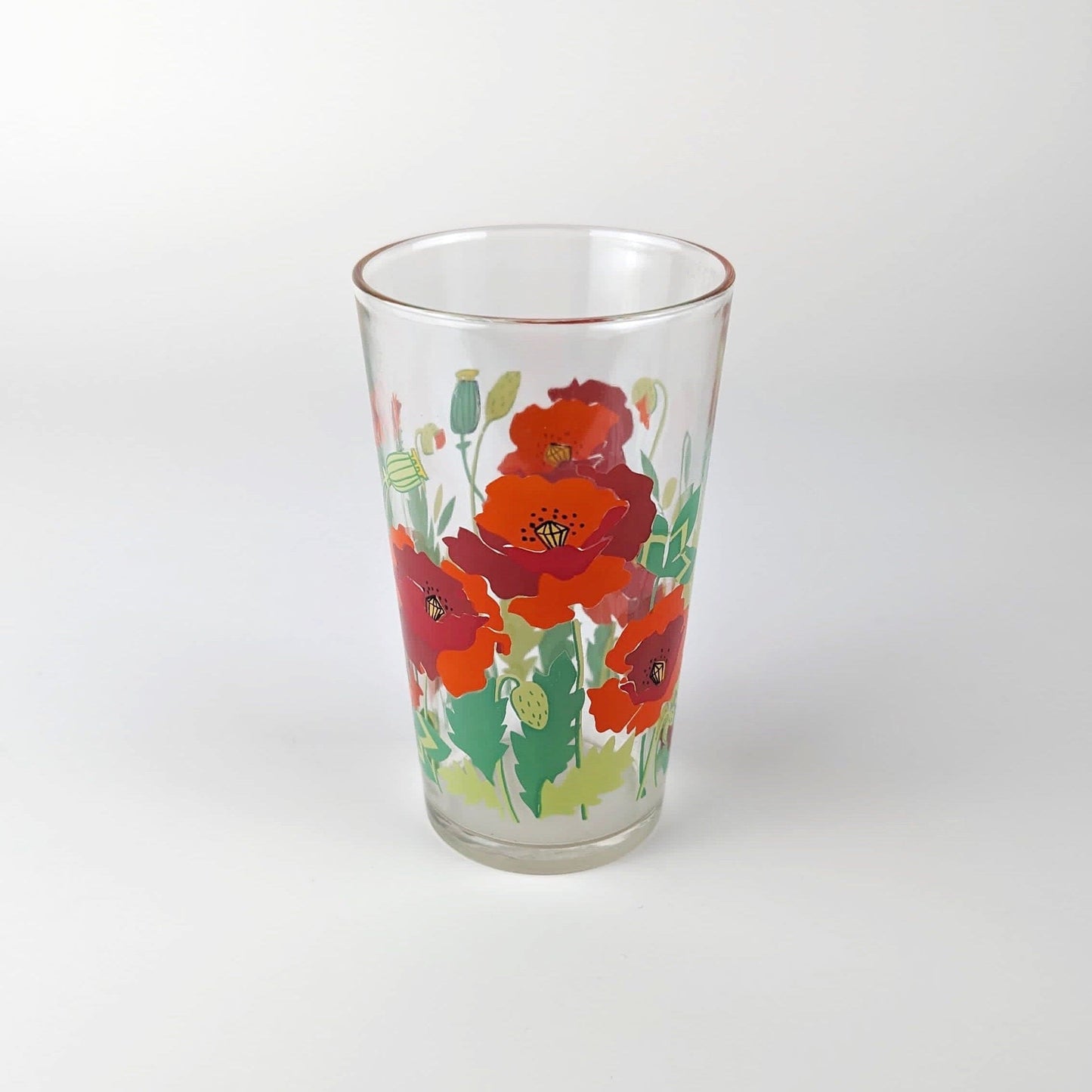 4 Vintage Drinking Glasses Flowers Floral Poppy Flowers France Red Juice Glass Water Glass Glass 80s 1980 Leaf