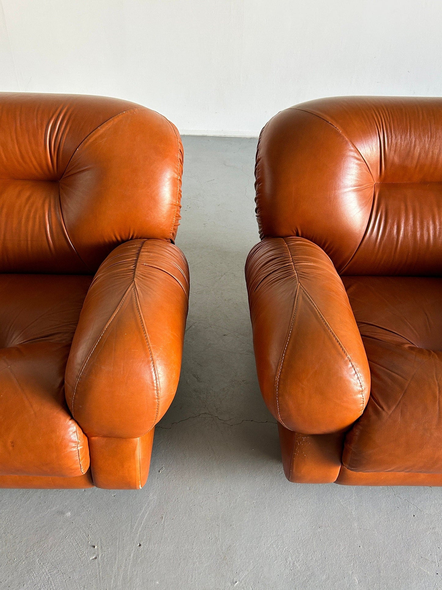 Italienische Ruched Cognac Leder Mid-Century Modern Seating Set, 1970er / Set von 3 Vintage