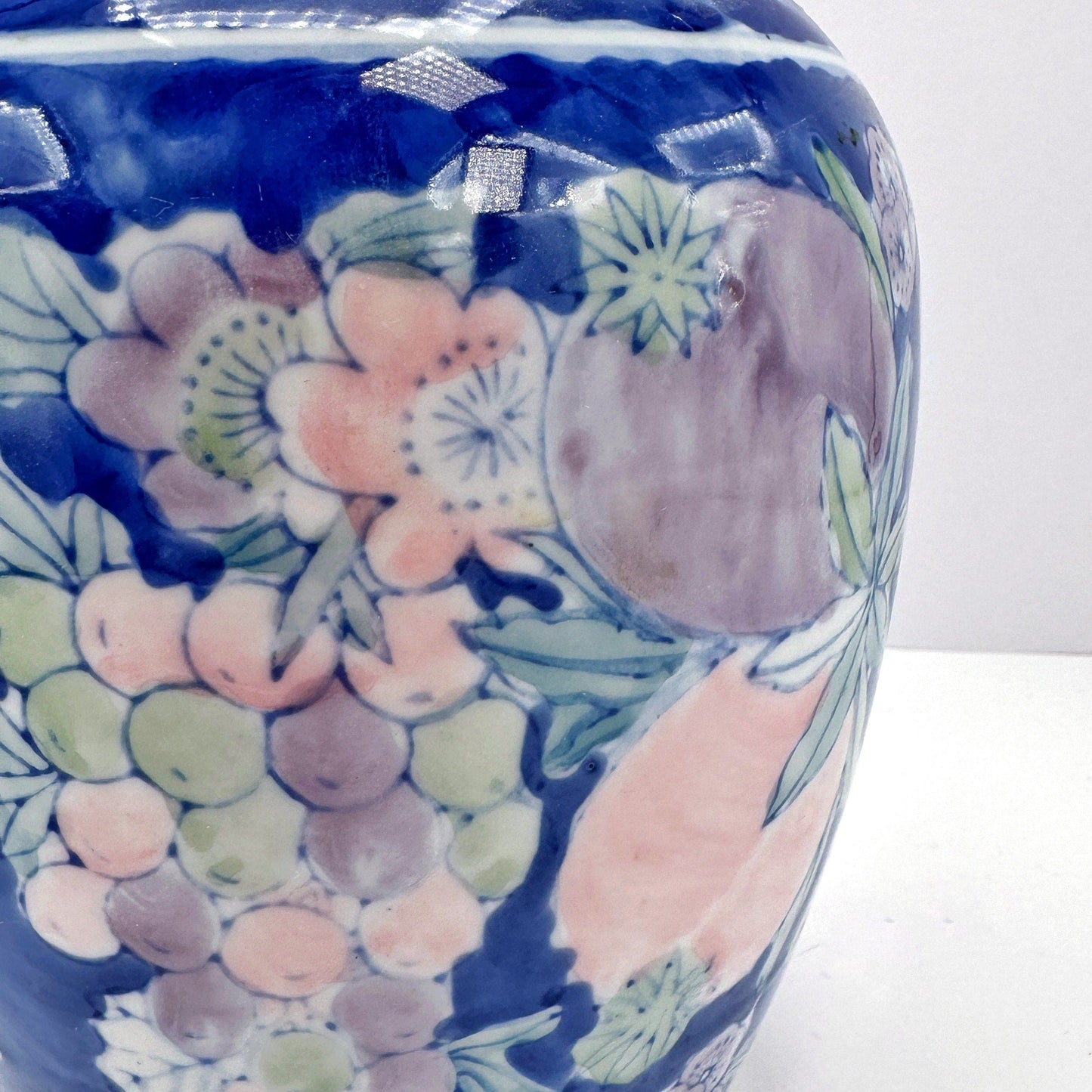 90s Chinese Pastel Ceramic Vase Lilac Blue Turquoise Green Fruits Flowers