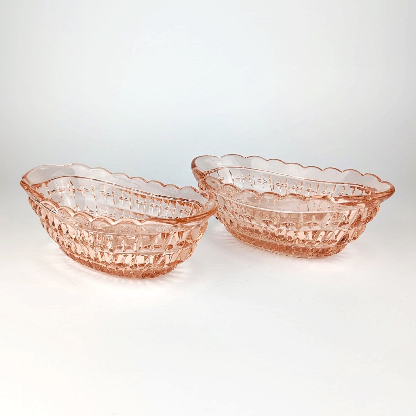 2 Art Deco Bowls Pink Rosalin Glass Pressed Glass Floral Flowers 30s Art Deco Facets Offer Snack