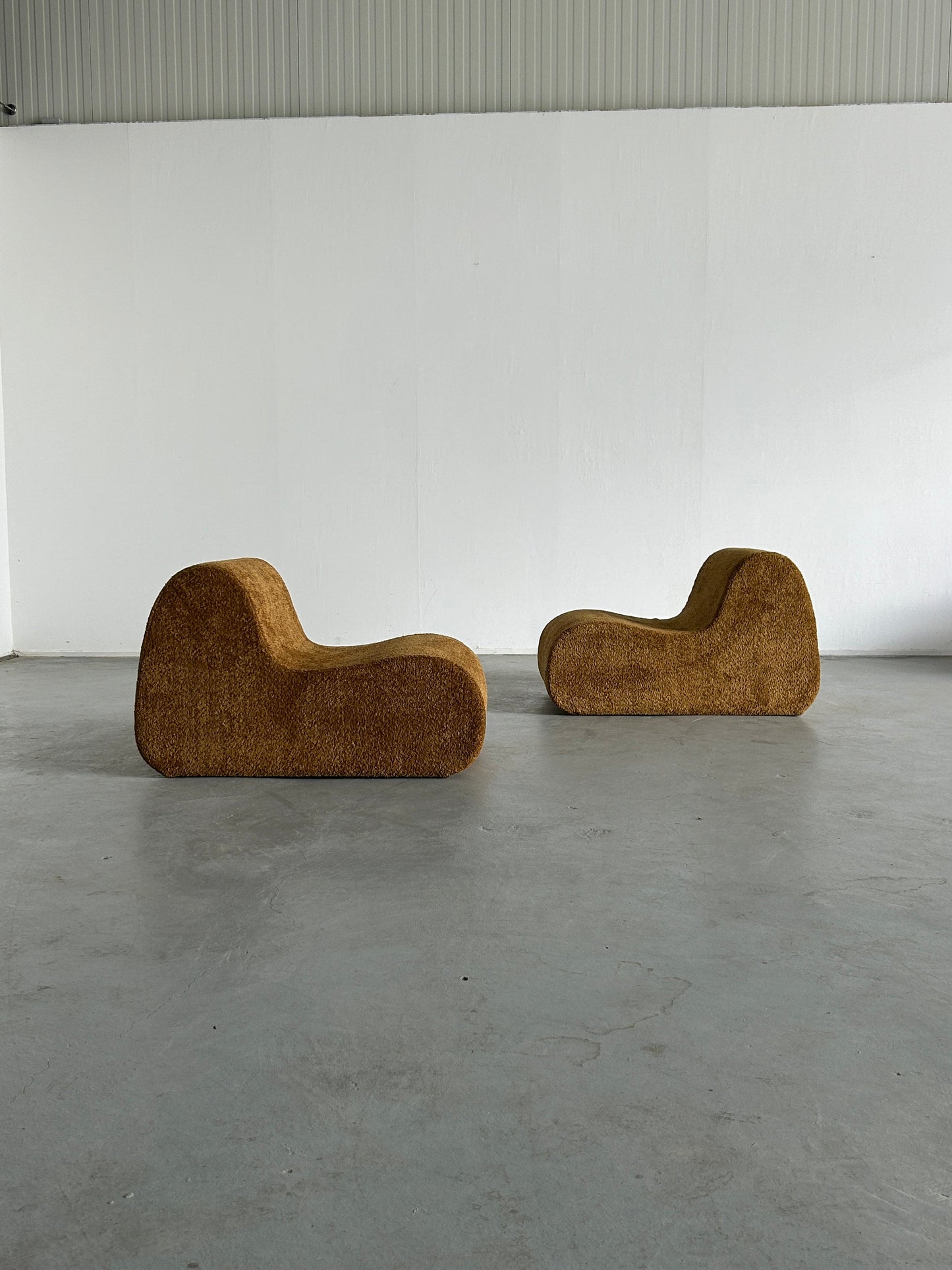 Set of 2 Italian Mid-Century Modern Lounge Chairs in Ochre Boucle, Space Age Loveseat or Modular Sofa, 1970s Italy Vintage