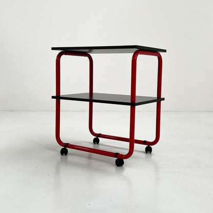 Tubular console table / wall table on wheels in metal and wood, 1980s vintage