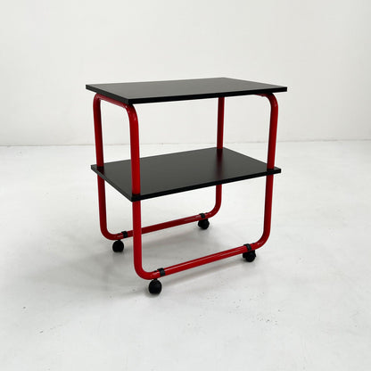 Tubular console table / wall table on wheels in metal and wood, 1980s vintage