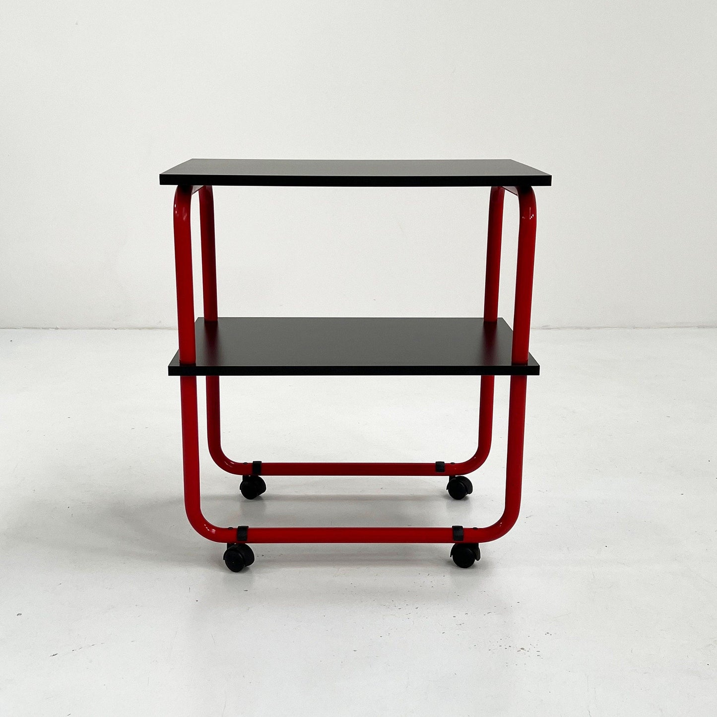 Tubular console table / wall table on wheels in metal and wood, 1980s vintage