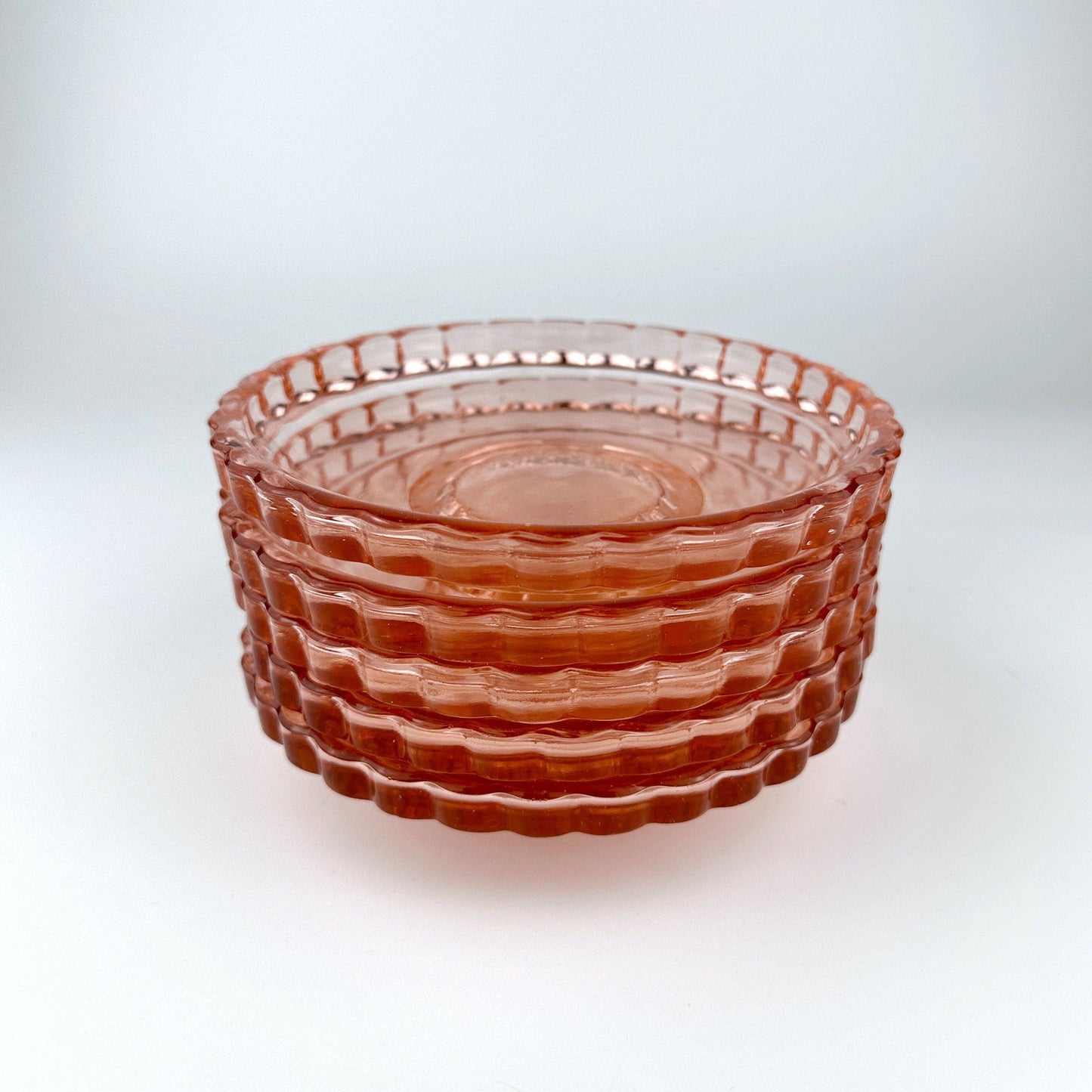 5 Rosalin Glass Compote Bowls 50s Mid Century Pink Fruit Dessert Bowl Pressed Glass Pink Plate 1930 1920 20s 1920s